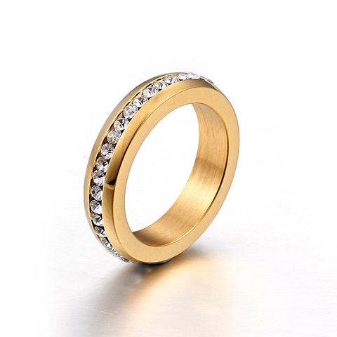 Women Full Eternity Ring Stainless Steel 18K Gold Plated Cubic Zirconia Encrusted Pave Eternity Band Elegant Jewelry