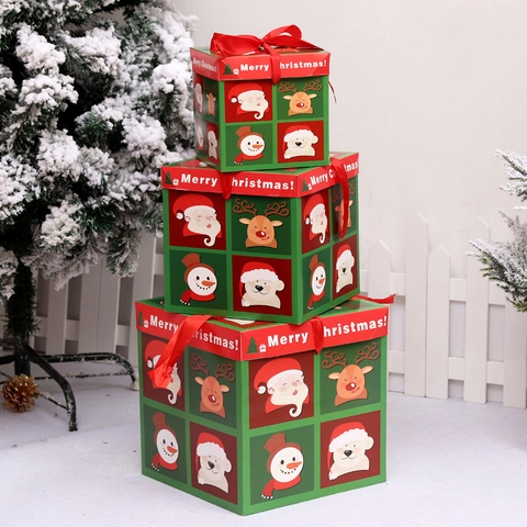 Christmas Gift Boxes Paper Decorative Square Packaging With Red Ribbon Bow Santa Claus Snowman For Holiday Party