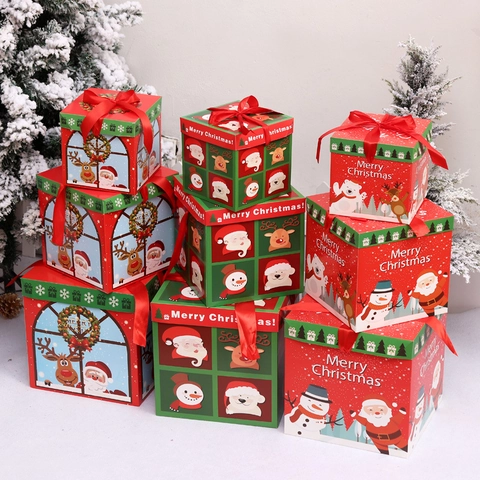 Christmas Gift Boxes Paper Decorative Square Packaging With Red Ribbon Bow Santa Claus Snowman For Holiday Party