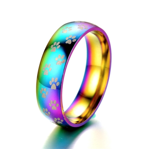 Stainless Steel Rainbow Plated Ring Laser Engraved Cat Paw Print Colorful Band Minimalist Hip Hop Jewelry For Unisex Couple