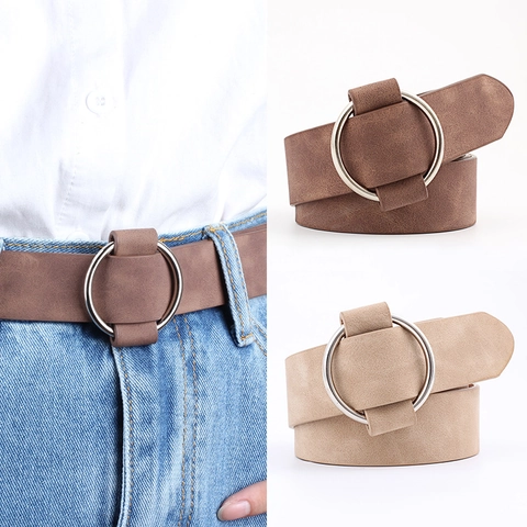 Women PU Leather Belt With Round Metal Buckle Fashion Retro Adjustable Waistband For Jeans Dress Elegant Minimalist Matte