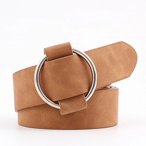 Women PU Leather Belt With Round Metal Buckle Fashion Retro Adjustable Waistband For Jeans Dress Elegant Minimalist Matte
