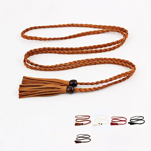 Cintura da Donna Intrecciata in Similpelle Con Perline di Legno Nappine Catena in Vita Sottile per Abiti Stile Boho Corda Decorativa