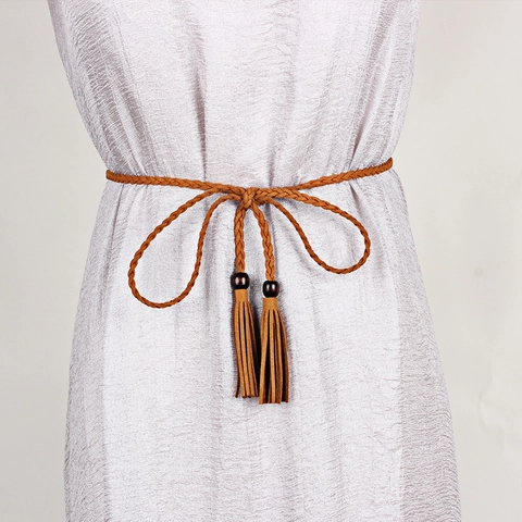 Cintura da Donna Intrecciata in Similpelle Con Perline di Legno Nappine Catena in Vita Sottile per Abiti Stile Boho Corda Decorativa