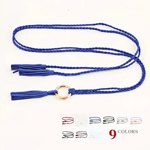 Cintura da Donna Intrecciata in Similpelle con Frange e Nappine Fibbia a Anello in Metallo Oro Sottile Accessorio per Vestiti