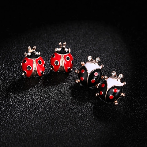 Ladybug Stud Earrings Alloy Enamel Drip Animal Shape Rhinestone Accent Retro Fashion Jewelry For Women