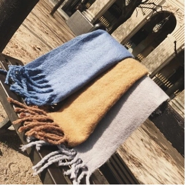 Solid Color Thick Scarf For Women Soft Boucle Yarn Warm Long Shawl With Braided Tassel Fringe Japanese Style