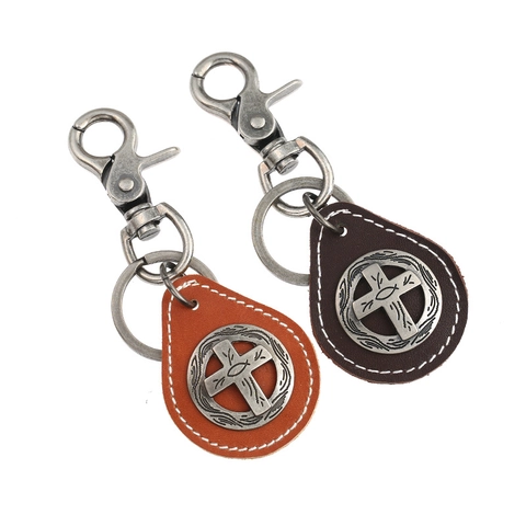 Portachiavi In Pelle Vintage Con Pendente In Lega Di Croce Stile Punk Religioso Anello In Pelle Di Vacca