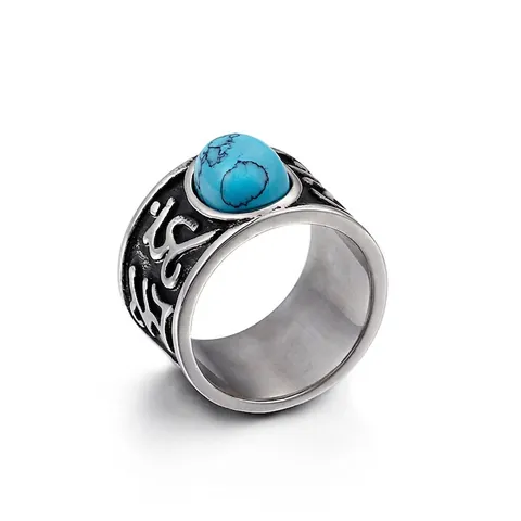 Anillo De Acero Inoxidable Vintage Para Hombre Con Turquesa Sintética Grabada Mantra De Seis Palabras Punk