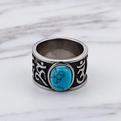 Anillo De Acero Inoxidable Vintage Para Hombre Con Turquesa Sintética Grabada Mantra De Seis Palabras Punk