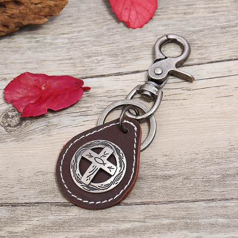 Portachiavi In Pelle Vintage Con Pendente In Lega Di Croce Stile Punk Religioso Anello In Pelle Di Vacca