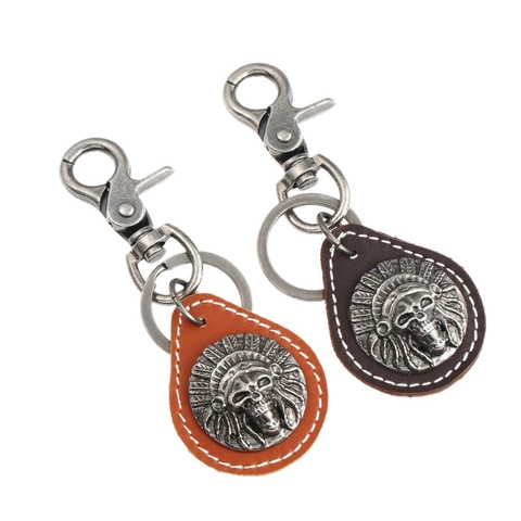 Vintage Cowhide Leather Keychain Indian Headdress Skull Pendant Alloy Key Ring Retro Punk Style Car Key Holder For Men Women