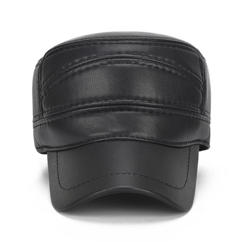 Men Winter PU Leather Flat Top Hat With Ear Flaps Warm Windproof Military Cadet Cap Adjustable Outdoor Vintage Style