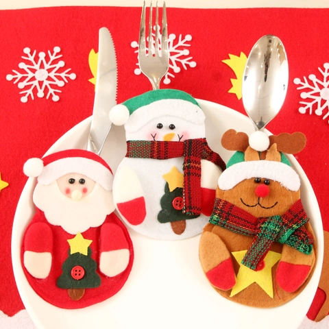 Kerst Bestekhouder Flanel Niet-Geweven Stof Kerstman Sneeuwpop Rendier Tafel Servies Tas Voor Feestdagen Diner Decoratie