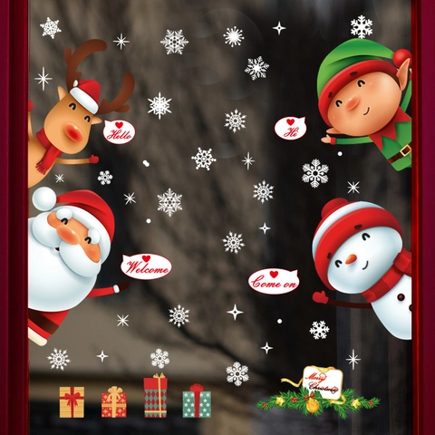 Christmas Window Stickers Static Cling PVC Santa Reindeer Snowman Snowflakes Shop Glass Door Festive DIY Decor Removable