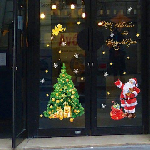 Christmas Window Wall Stickers PVC Santa Claus Tree Snowflakes Holiday Glass Door Decoration Removable