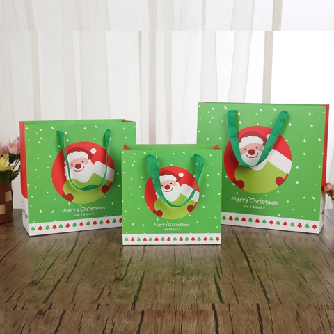 Bolsa De Regalo De Navidad De Cartón Estampado Dorado Impresión De Papá Noel Asa De Cinta Detalle De Fiesta Festivo