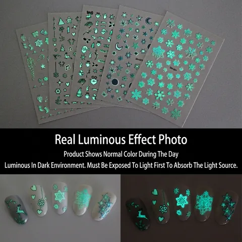 Christmas Kids Nail Stickers Luminous Glow In The Dark Waterproof Self Adhesive Cartoon Santa Reindeer Snowflake Decals