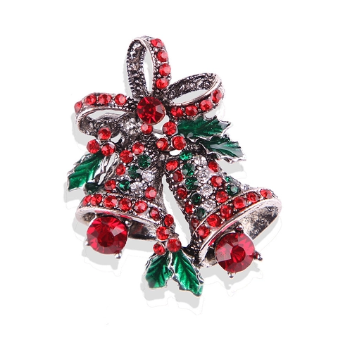Vintage Christmas Double Bell Brooch Alloy Rhinestone Inlaid Bowknot Festive Corsage Pin For Women Men Holiday Jewelry Gift