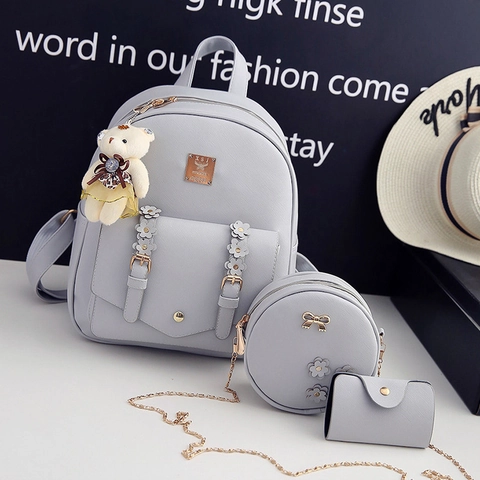 Zaino Da Donna E Borsa A Tracolla Rotonda Con Portafoglio Pelle PU Decoro Floreale Ciondolo Orso Moda Viaggio