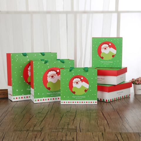 Bolsa De Regalo De Navidad De Cartón Estampado Dorado Impresión De Papá Noel Asa De Cinta Detalle De Fiesta Festivo