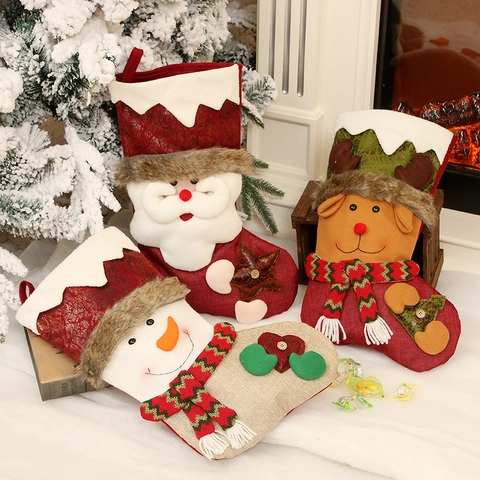 Calza Di Natale Grande Sacchetto Regalo Ornamento Da Appendere Babbo Natale Pupazzo Di Neve Renna Motivo Polsino Pelliccia Sintetica Ecopelle
