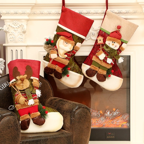 Christmas Stocking Gift Bag Large Hanging Fireplace Decor Santa Snowman Reindeer Burlap Linen Plush Knit Holiday