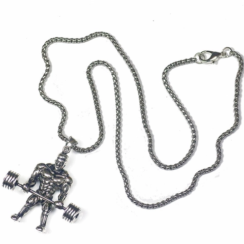 Vintage Legierung Muskelmann Langhantel Anhänger Halskette Für Herren Fitness Fitnessstudio Bodybuilding Stil Schmuck Antik Silber Gold Kette
