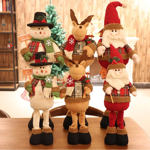 Christmas Telescopic Leg Dolls Plaid Fabric Santa Claus Reindeer Snowman Standing Plush Ornament Holiday Home Party Decor
