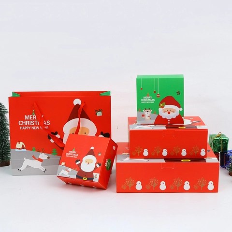 Weihnachtsgeschenkboxen Weißer Karton Cartoon Weihnachtsmann Rentier Muster Tragbar Faltbar Feiertag Party Verpackung Festlich