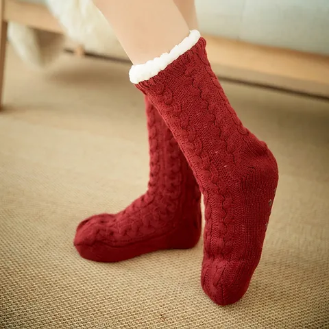 Winter Warme Fleece Gevoerde Huissokken Kabelgebreide Thermische Pantoffelsokken Met Antislip Voor Vrouwen Binnenshuis Vloersokken