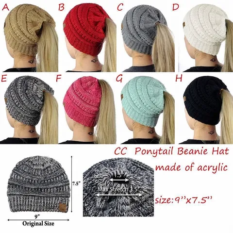 Women Winter Ponytail Beanie Hat Knitted Acrylic Warm High Bun Hole Messy Bun Soft Cable Ribbed Beanie Cap Casual Outdoor Headwear