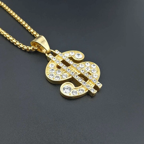 Dollarzeichen Anhänger Halskette 316 Edelstahl Vergoldet Iced Out Strass Hip Hop Schmuck Für Herren Und Damen