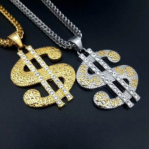 Hip Hop 316 Stainless Steel Iced Out Dollar Sign Pendant For Men Women Jewelry Gold Silver Plated Rhinestone Money Symbol Pendant Only