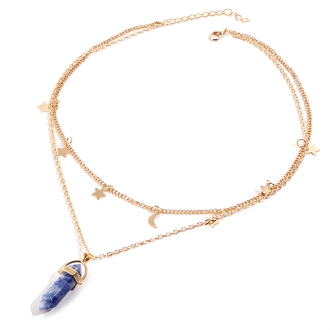 Double Layer Necklace Zinc Alloy Gemstone Hexagonal Prism Star Moon Pendant Bohemian Retro Style Jewelry For Women