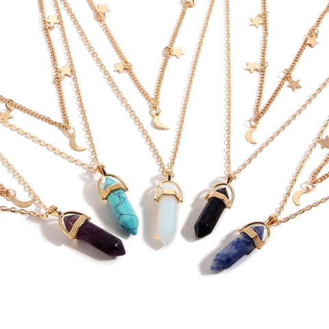 Double Layer Necklace Zinc Alloy Gemstone Hexagonal Prism Star Moon Pendant Bohemian Retro Style Jewelry For Women