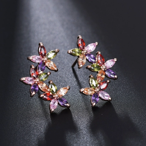 Luxe Drie Bloem Oorknopjes Marquise Geslepen Zirconia Koperen Oorbellen Roségoud Zilver Verguld Elegante Mode Sieraden Vrouwen