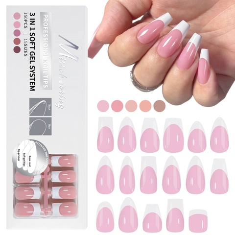 Misscheering Soft Gel Drucknägel Französische Spitze Nude Rosa Verlauf Falsche Nägel Salonqualität Künstliche Nägel Damen