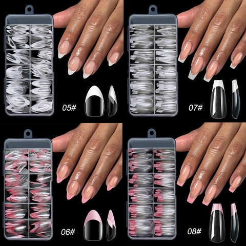 French Tip Drucknägel ABS Kunststoff Glänzend Mandel Ballerina Form Langlebig Maniküre Verlängerung Für Frauen