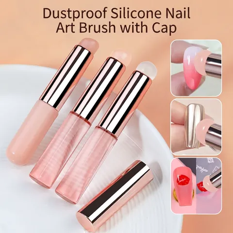 Pincel De Silicona Para Uñas Herramienta Portátil De Degradado Con Tapa Mango De Metal Reutilizable Para Polvo Espejo Sello