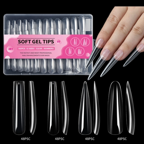 Unghie Finte Extra Lunghe Trasparenti Senza Traccia Soft Gel Full Cover Forme Stiletto Coffin Square DIY Manicure Donna