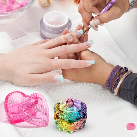 Nail Dappen Dish Irisierendes Glas Mit Deckel Aurora Bunter Kristall Herzform Maniküre Flüssigkeitspulver Behälter
