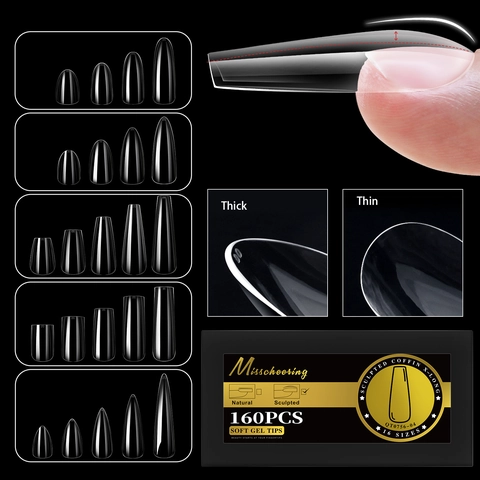 Soft Gel Press On Nails Transparent Coffin Square Almond Stiletto Shapes Sculpted Fake Nails Extension For Women Manicure
