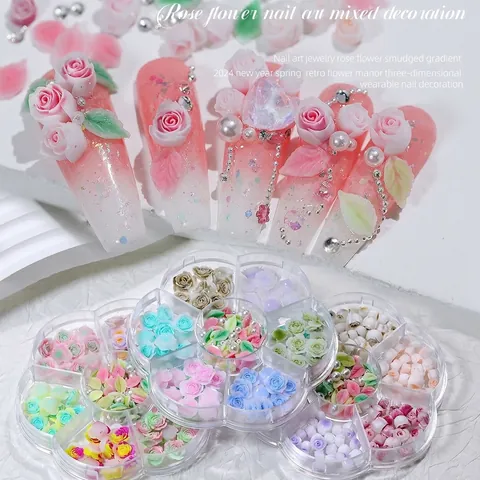 Decoraciones De Arte De Uñas De Rosa De Resina 3D Perla Artificial Aleación Mezclada Rhinestone Estilo Vintage Francés Lujo DIY Manicura
