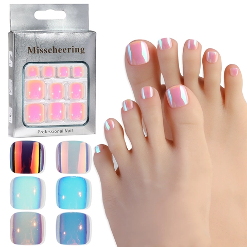 Aurora Holographic Press On Toe Nails Metallic Cat Eye Effect Artificial Toenails With Glue Stickers File Wood Stick