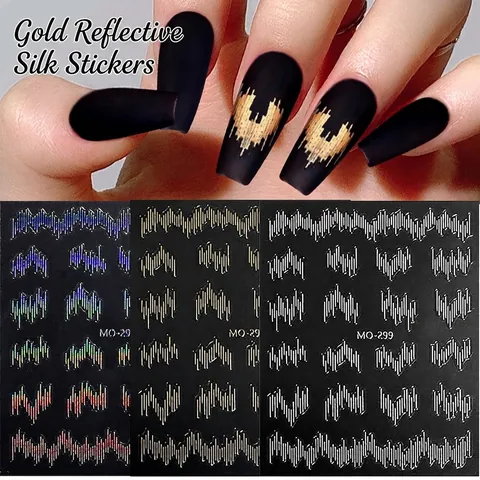 Adesivi Unghie Raso Riflettenti Laser Olografico Linea Onda Rilievo Metallico Decalcomanie Decorative DIY Manicure