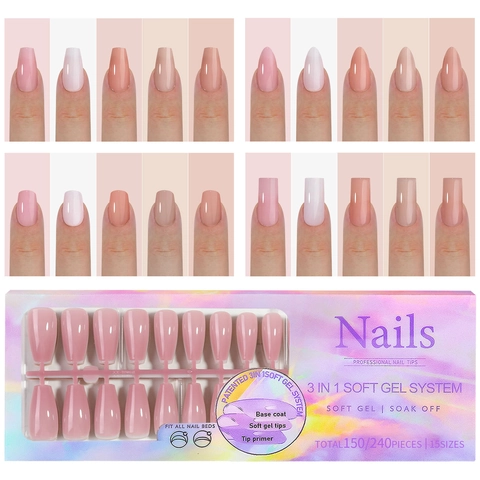 Soft Gel Press On Nagels Nude Pink Naadloos French Style Soak Off Kunstnagels Voor Vrouwen