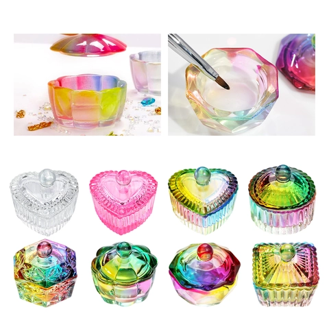 Nail Dappen Dish Irisierendes Glas Mit Deckel Aurora Bunter Kristall Herzform Maniküre Flüssigkeitspulver Behälter
