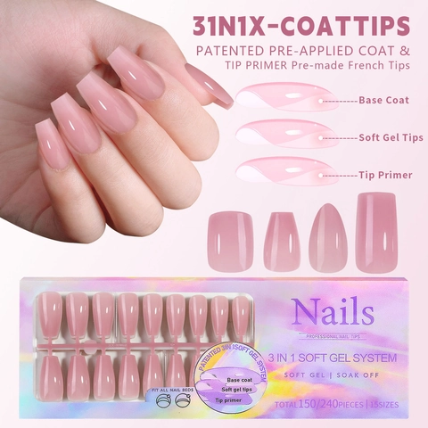 Soft Gel Press On Nagels Nude Pink Naadloos French Style Soak Off Kunstnagels Voor Vrouwen