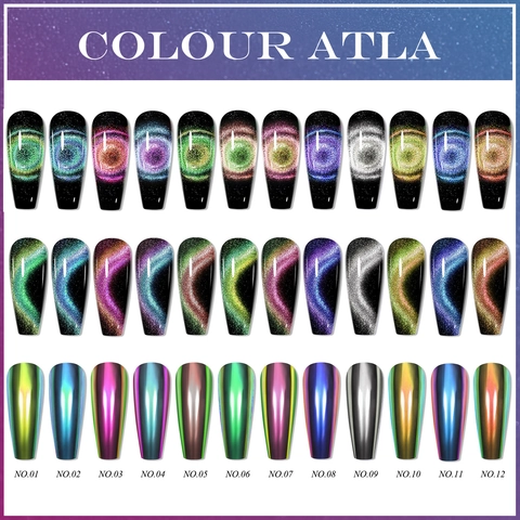 5D Cat Eye Σκόνη Νυχιών Chameleon Magnetic Glitter Μανικιούρ Chrome Mirror Effect Πολύχρωμο Με Βούρτσα Σφουγγαριού